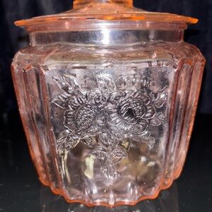 Vintage Pink Glass Jar with Floral Design